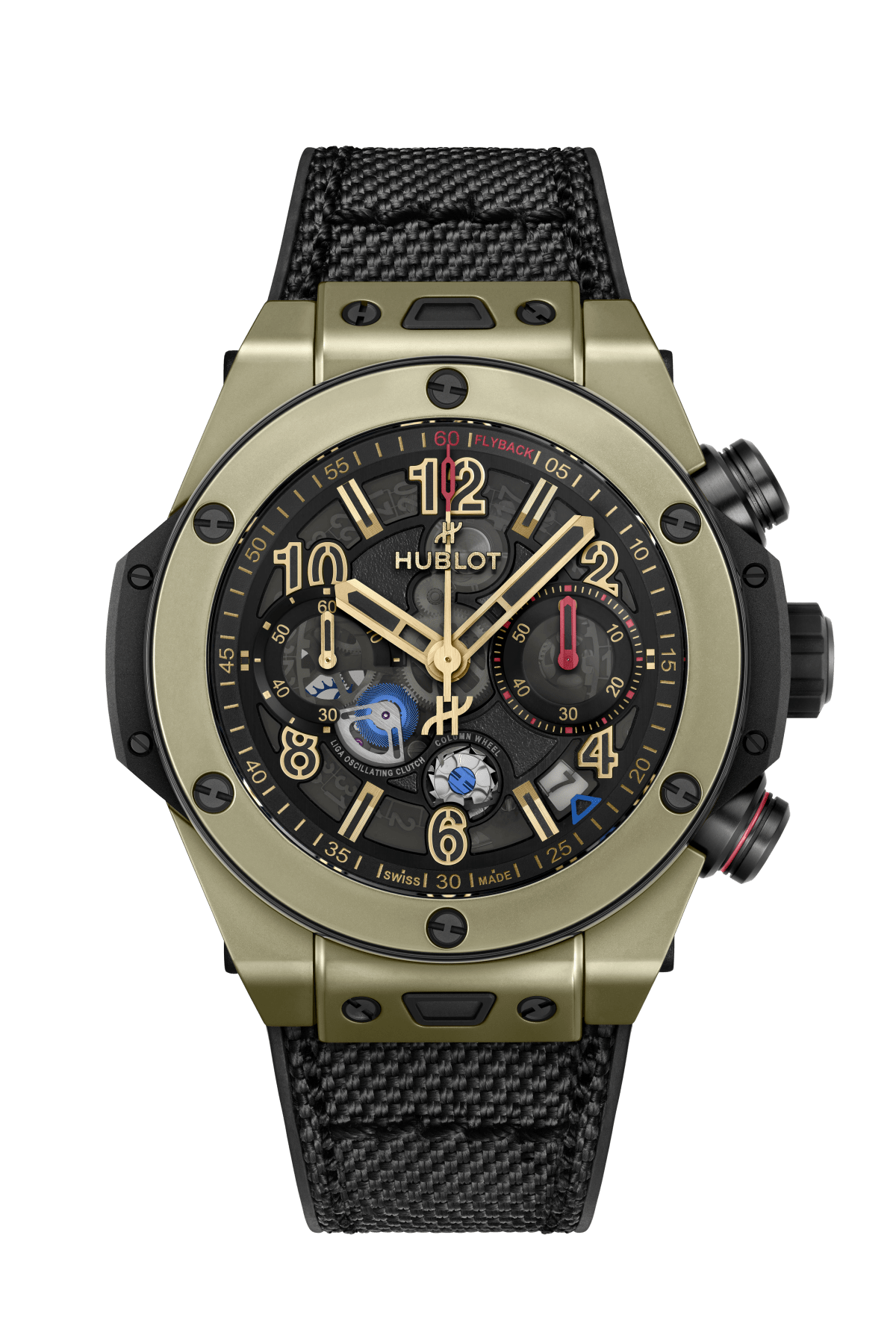 Hublot chronograph watch with gold-tone case, black dial, gold numerals, and black fabric strap.