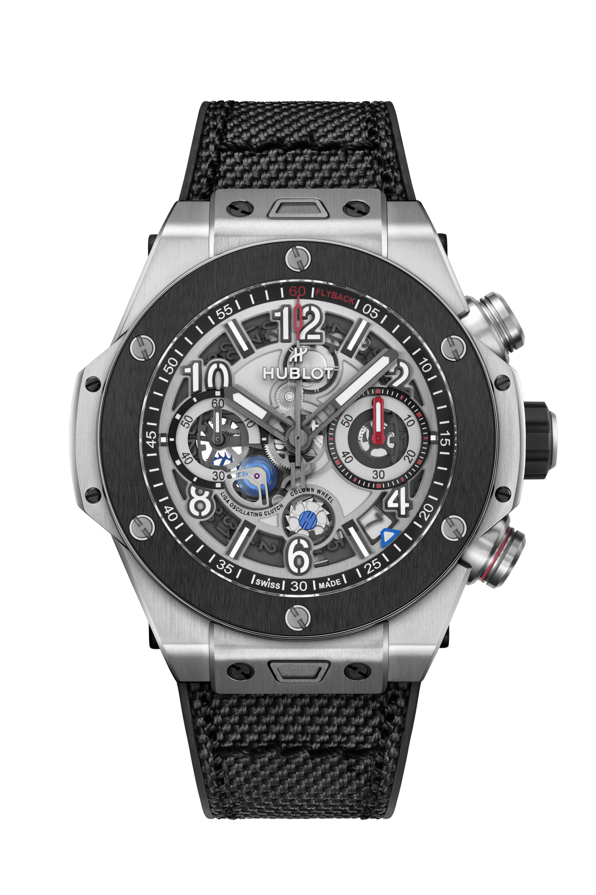 Hublot chronograph watch with titanium case, black ceramic bezel, skeletal dial with Arabic numerals, and black textile strap