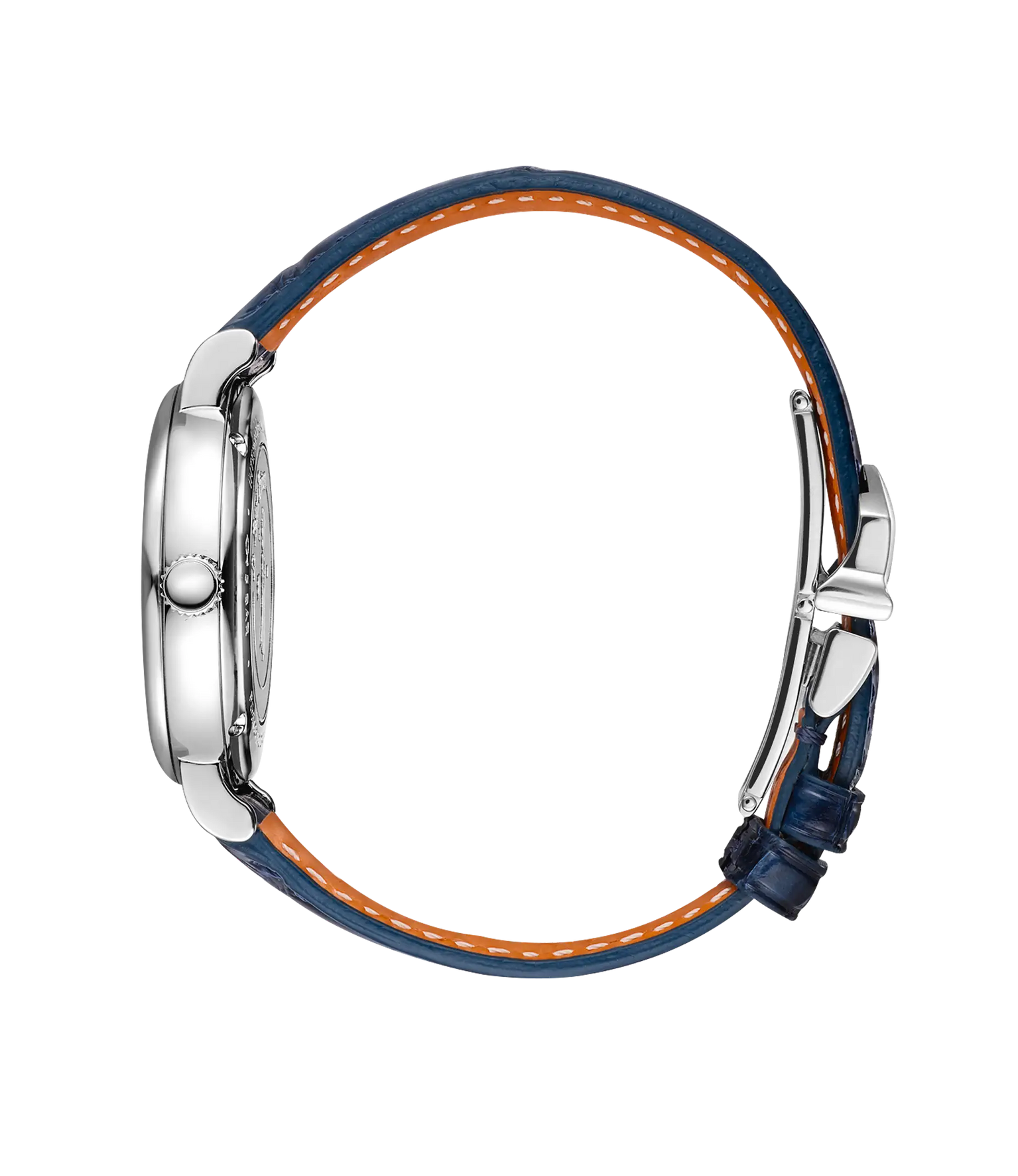 Round watch with silver case, navy blue strap with orange interior lining, and side crown.