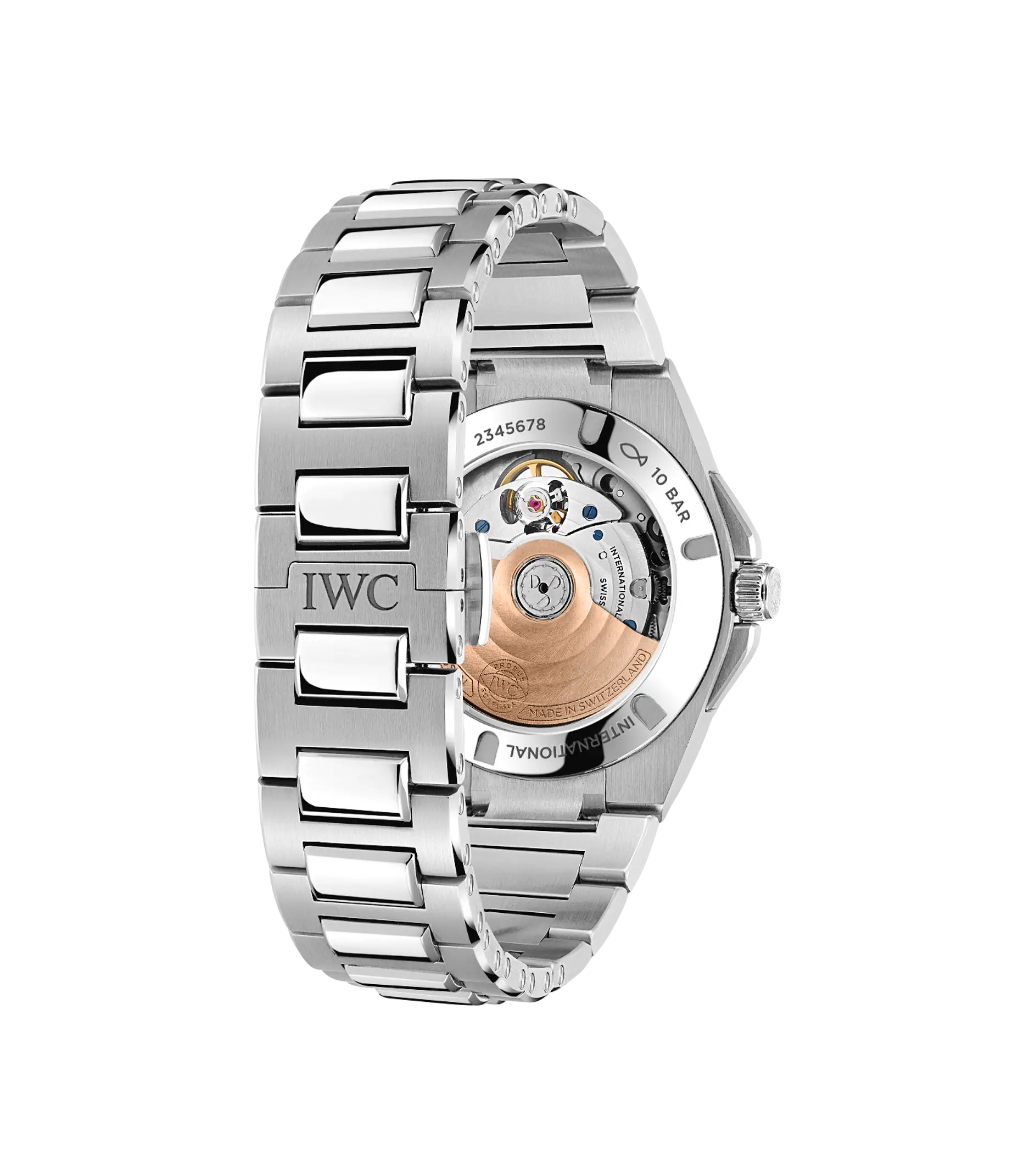 Silver stainless steel watch with link bracelet, exposed rose gold rotor mechanism visible on caseback.
