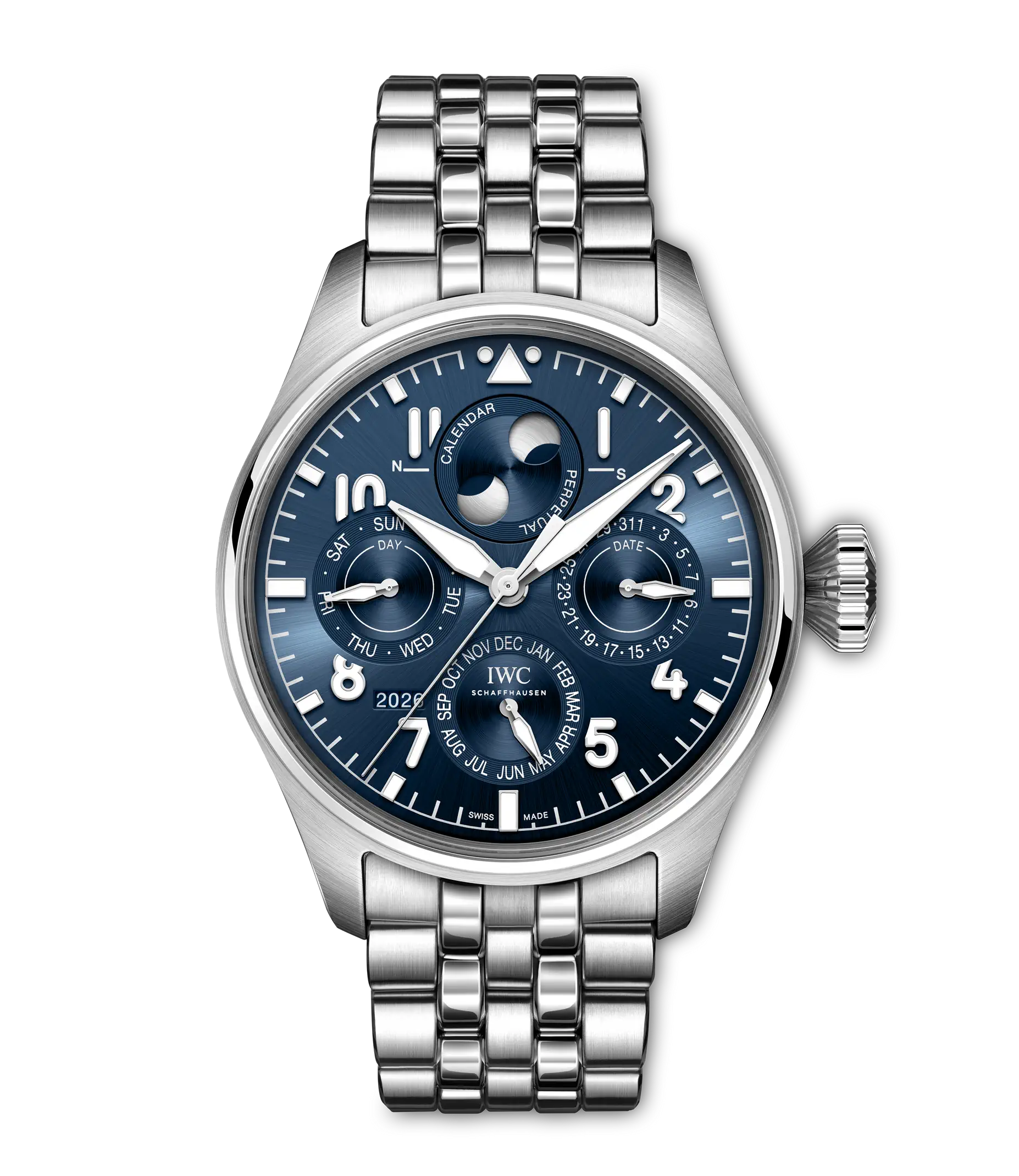 Stainless steel pilot watch with dark blue dial, moon phase, perpetual calendar complications, and linked metal bracelet.