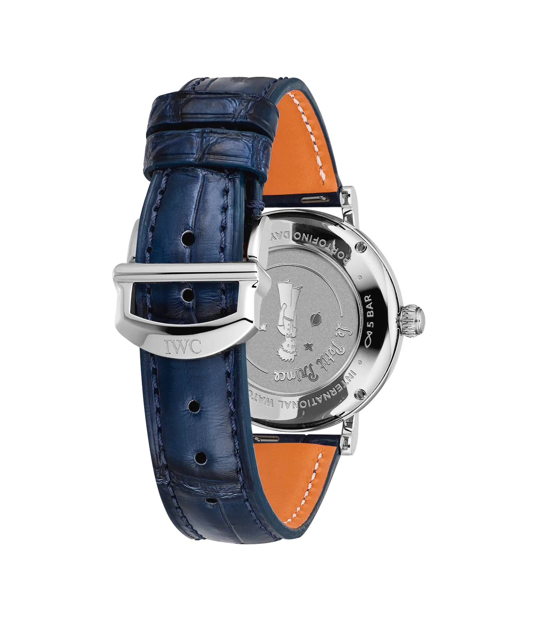 Silver-toned watch with blue crocodile leather strap, orange interior lining, and engraved caseback visible from reverse angl