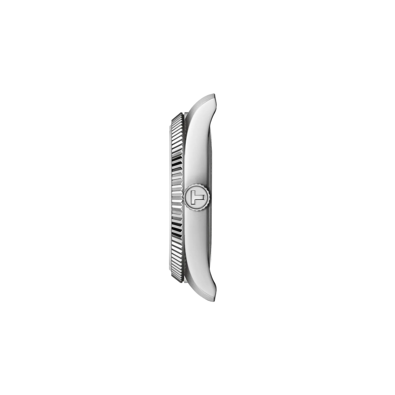 Silver-tone watch with curved case, ribbed bezel, and circular dial featuring brand logo.