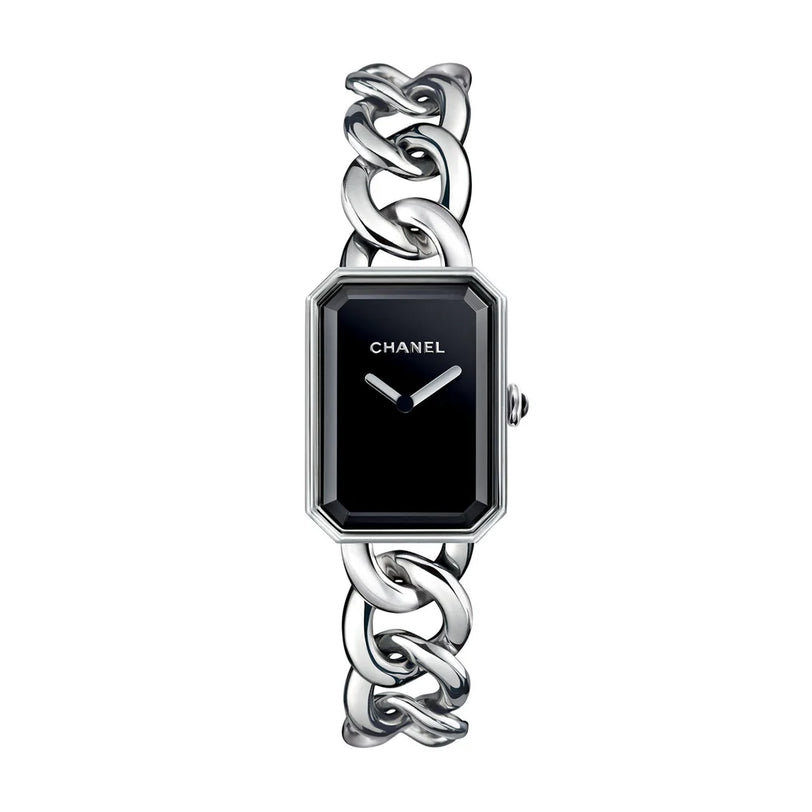 The Chanel Première wristwatch features a black lacquered dial, silver-tone edges, a minimalist design, and a chunky stainless steel bracelet.