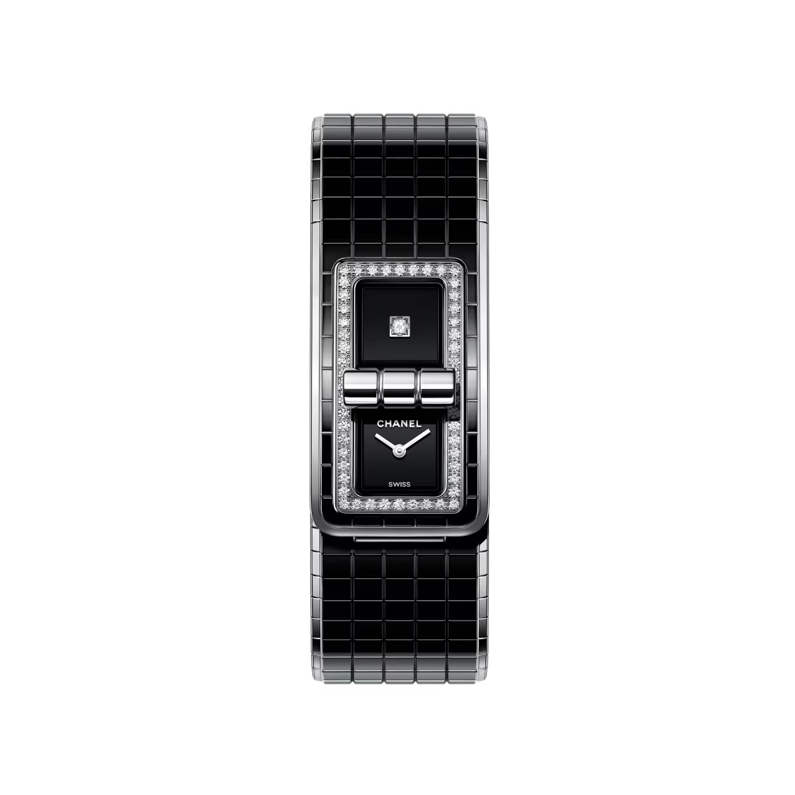 The Chanel Code Coco is a rectangular wristwatch with a black ceramic and steel band, diamond-set bezel, black dial featuring the logo and a single diamond at 12 o’clock—an elegant, modern design.