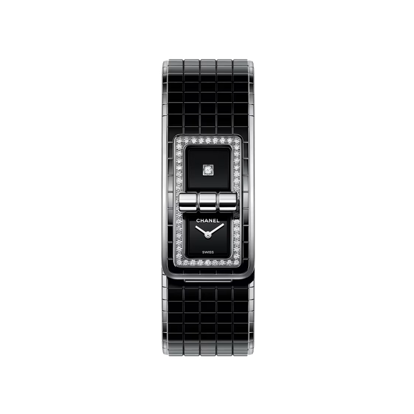 The Chanel Code Coco is a rectangular wristwatch with a black ceramic and steel band, diamond-set bezel, black dial featuring the logo and a single diamond at 12 o’clock—an elegant, modern design.