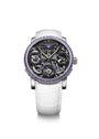 Luxury watch with white strap and purple accents on a white background