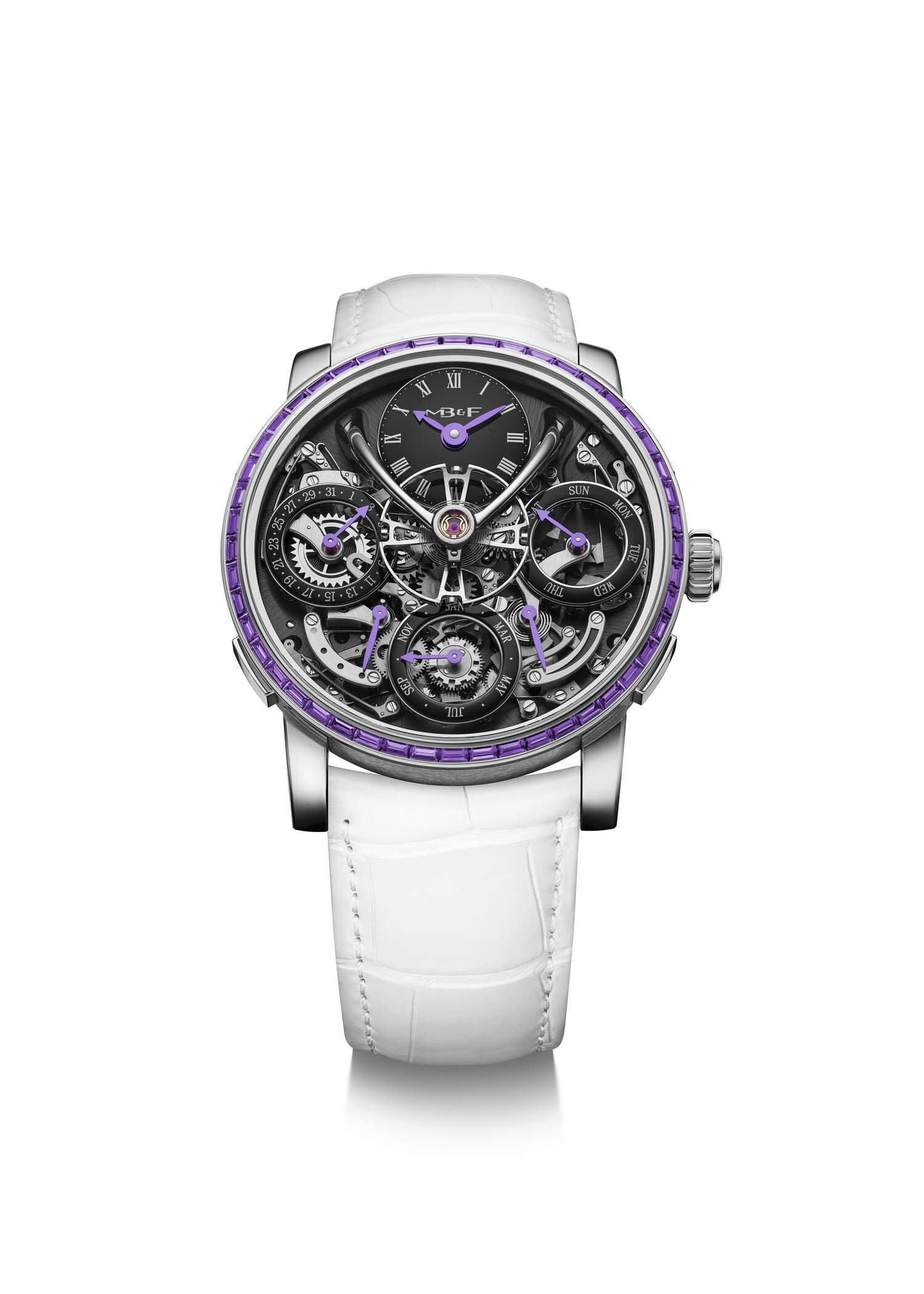 Luxury watch with white strap and purple accents on a white background