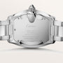 Cartier stainless steel watch with rectangular face, metal bracelet, and crown detail, shown from the back.