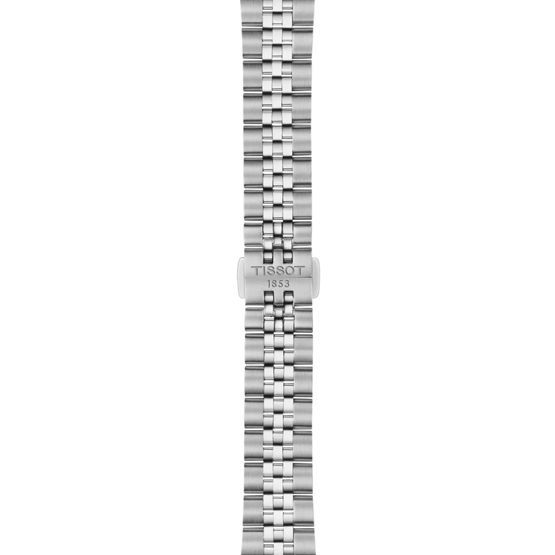 Silver watch strap with Tissot logo on a white background