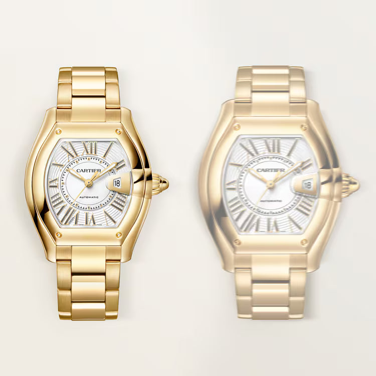 Two Cartier Roadster watches with barrel-shaped cases, Roman numeral dials, and matching metal bracelets in yellow and white 