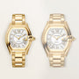 Two Cartier Roadster watches with barrel-shaped cases, Roman numeral dials, and matching metal bracelets in yellow and white 