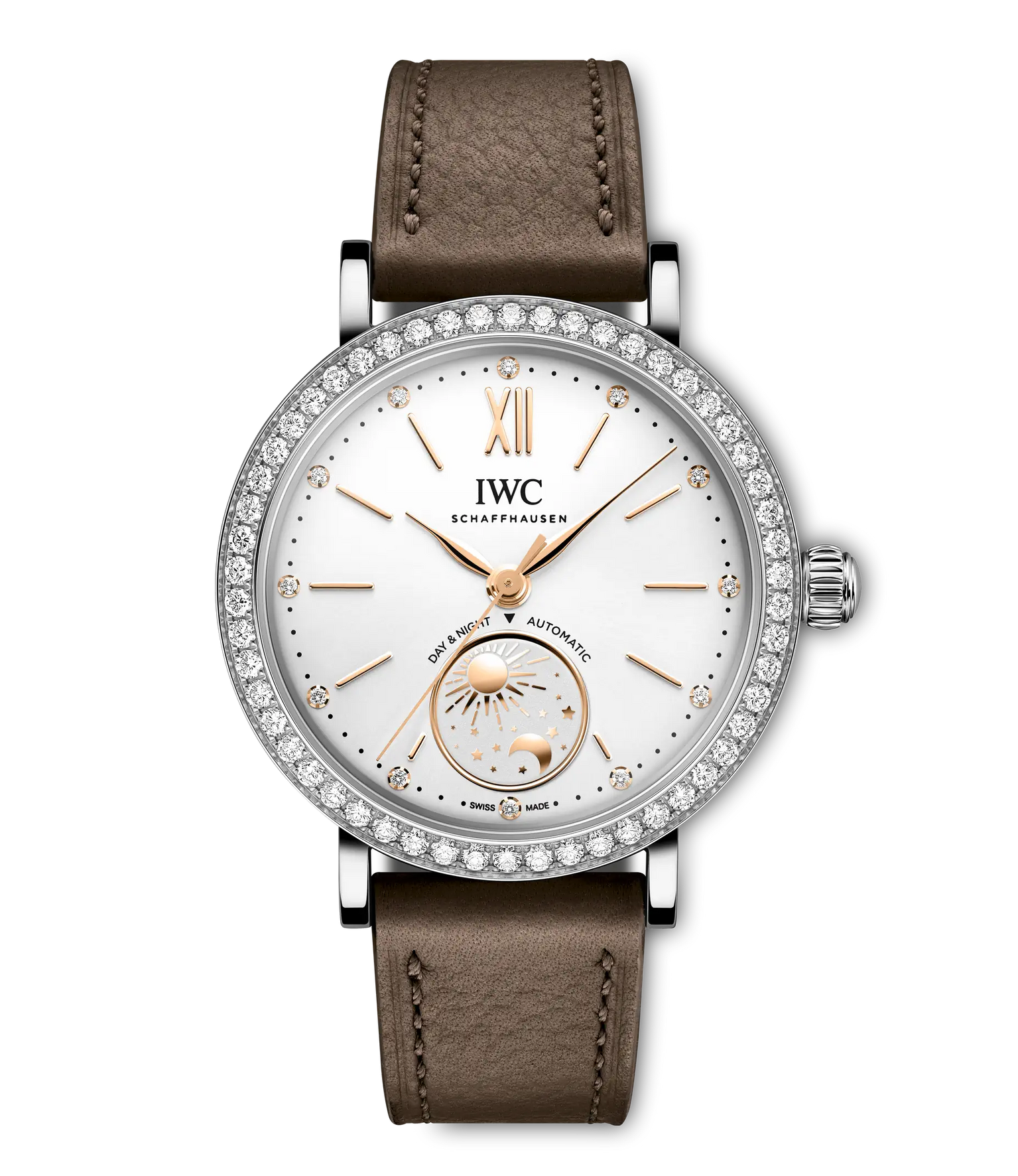 IWC Schaffhausen Portofino automatic watch with white dial, diamond bezel, rose gold hands, day-night subdial, and taupe leat