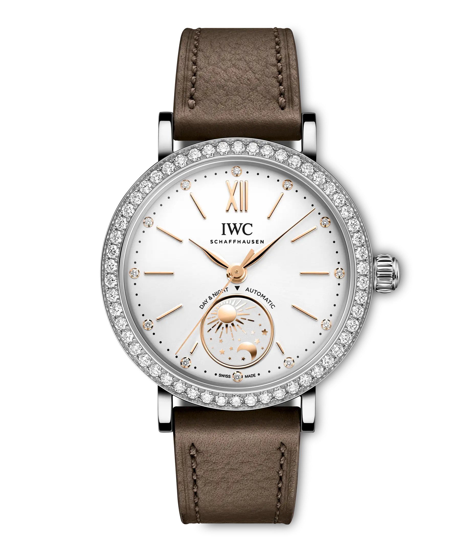 IWC Schaffhausen Portofino automatic watch with white dial, diamond bezel, rose gold hands, day-night subdial, and taupe leat