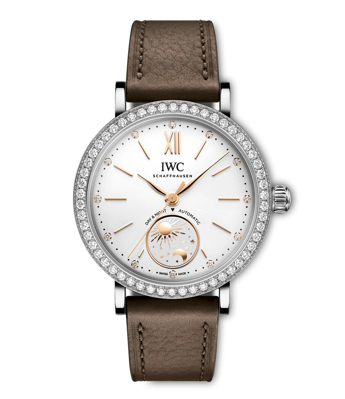 IWC Schaffhausen Portofino automatic watch with white dial, diamond bezel, rose gold hands, day-night subdial, and taupe leat