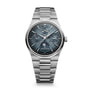 Stainless steel watch with dark blue dial, perpetual calendar subdials, moon phase indicator, and matching metal bracelet.