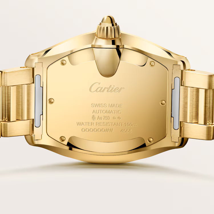 Gold-tone Cartier Roadster watch back showing Swiss-made automatic movement, water-resistant 100m case with bracelet.