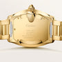 Gold-tone Cartier Roadster watch back showing Swiss-made automatic movement, water-resistant 100m case with bracelet.