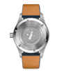Steel pilot's watch with round face, tan and navy leather strap, Le Petit Prince illustration on caseback.