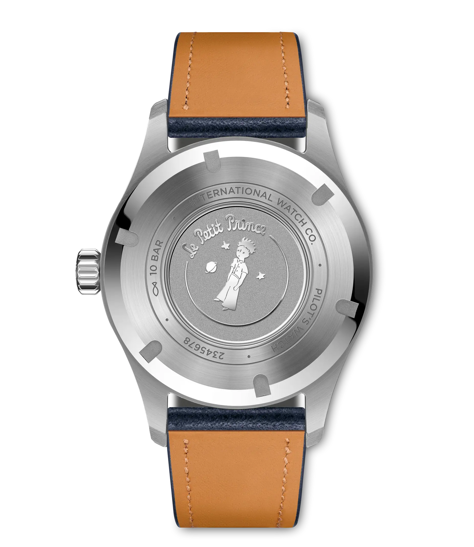 Steel pilot's watch with round face, tan and navy leather strap, Le Petit Prince illustration on caseback.