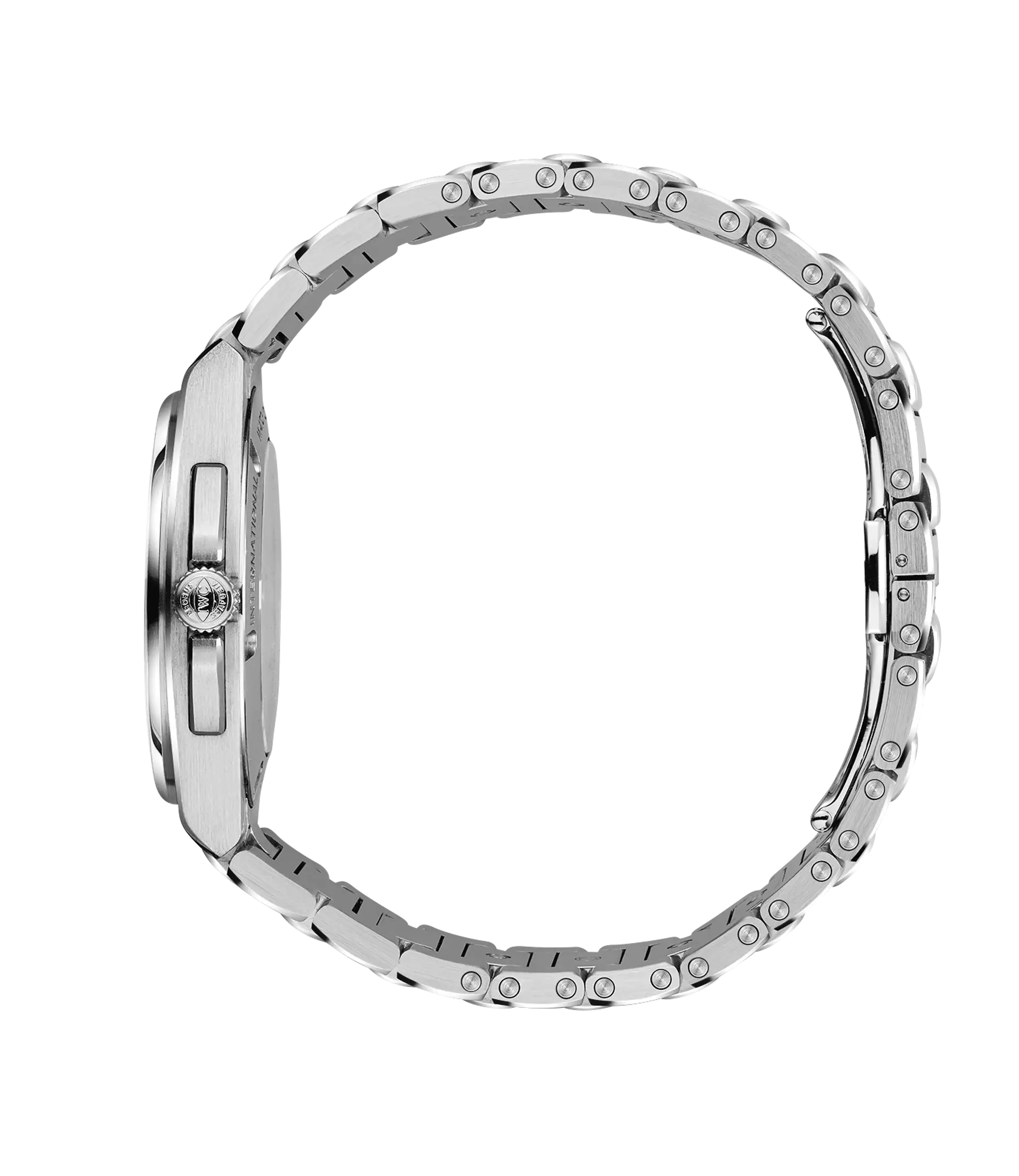 Silver stainless steel watch with round case, segmented bracelet, and circular dial viewed from the side.