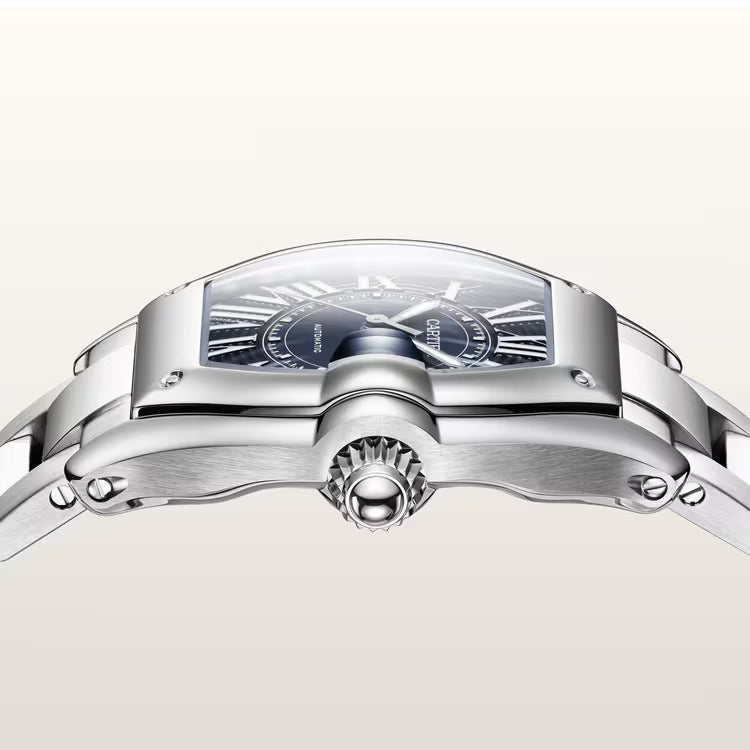 Silver-toned watch with rectangular dial, dual subdials, and metal bracelet band shown from above.