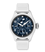 Silver watch with dark blue dial, white numerals, moon phase display, perpetual calendar subdials, and white rubber strap.