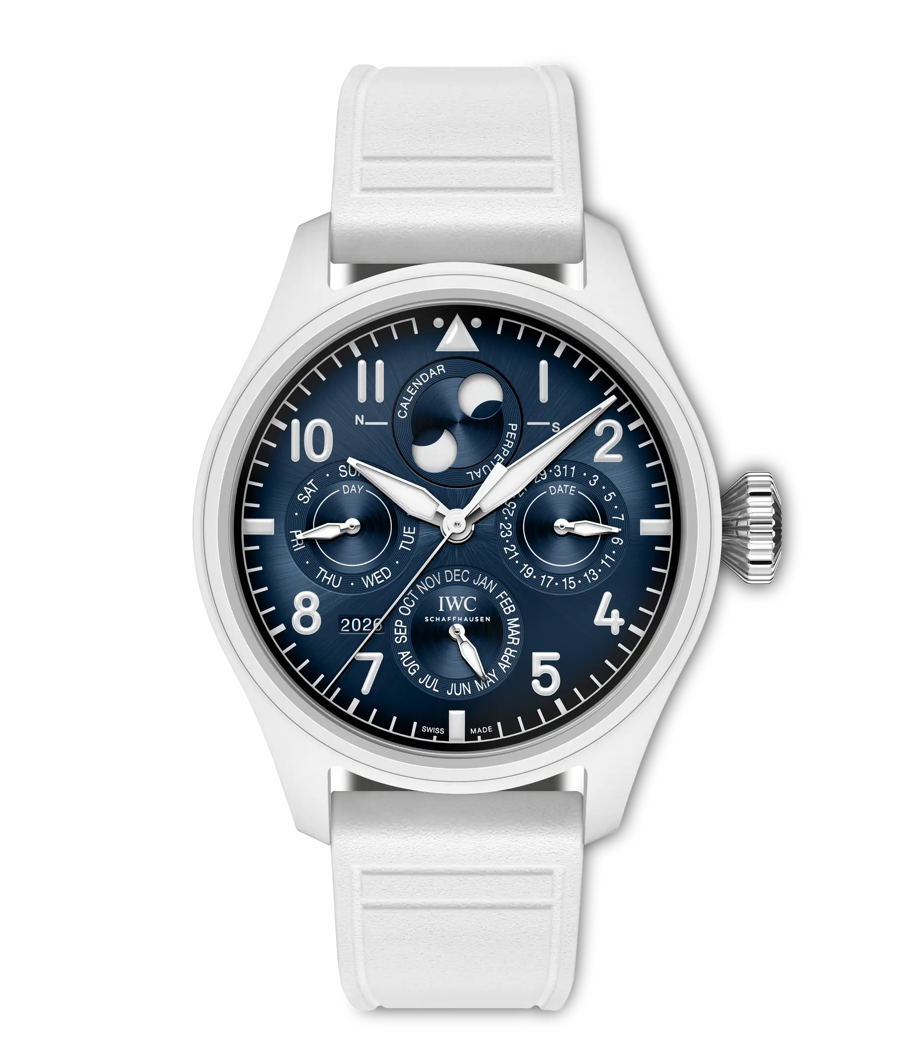 Silver watch with dark blue dial, white numerals, moon phase display, perpetual calendar subdials, and white rubber strap.