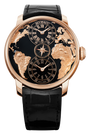 Rose gold watch with black dial featuring world map in gold, three time zone subdials with Roman numerals, and black leather 