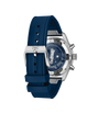 IWC stainless steel chronograph watch with dark blue dial, blue rubber strap, and Le Petit Prince illustration on caseback.