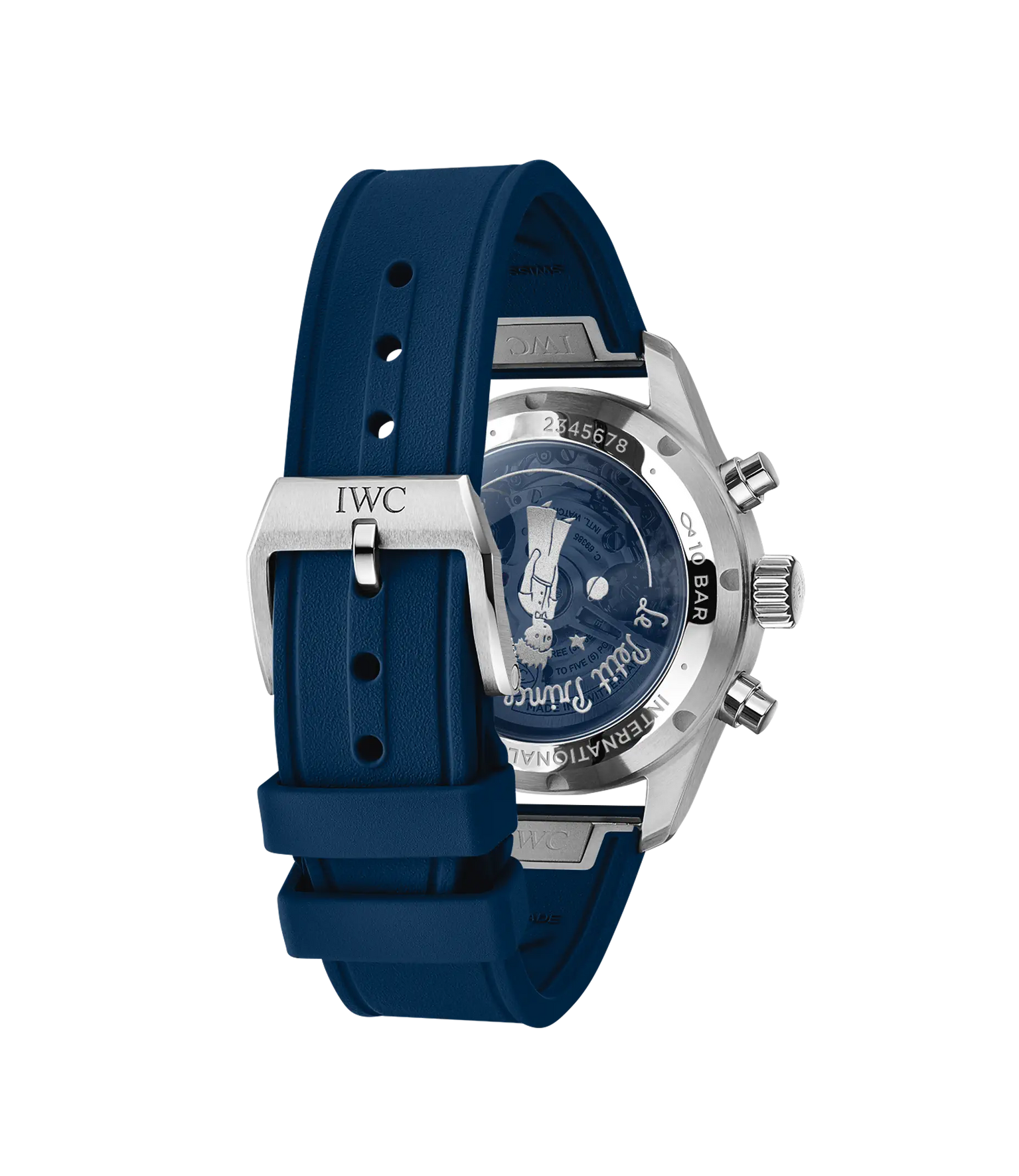 IWC stainless steel chronograph watch with dark blue dial, blue rubber strap, and Le Petit Prince illustration on caseback.