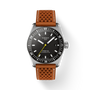 Wristwatch with brown leather strap and black dial on a white background