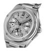 Stainless steel watch with perpetual calendar dial showing date, day, and month subdials, metal bracelet, and IWC Schaffhause