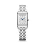 Rectangular silver-tone watch with diamond bezel, silver dial, blue hands, and matching metal bracelet.