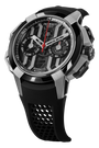 Jacob & Co stainless steel and black automatic watch with open dial, red chronograph hand, and rubber strap.