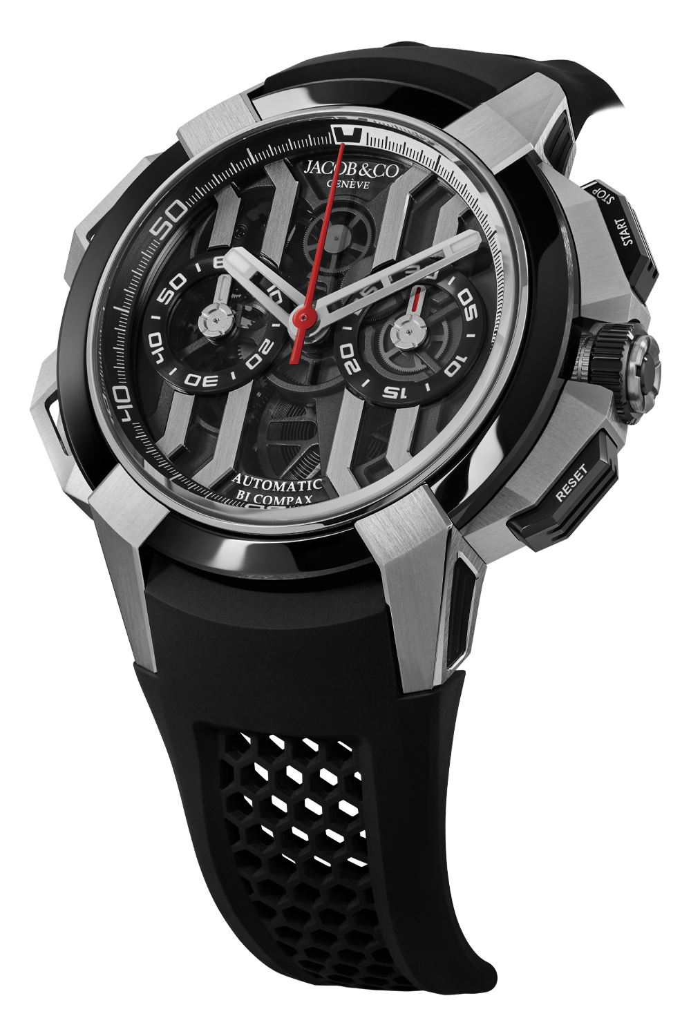 Jacob & Co stainless steel and black automatic watch with open dial, red chronograph hand, and rubber strap.