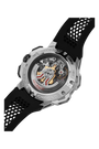 Silver and black chronograph watch with exposed mechanical movement visible through crystal case back and perforated rubber s
