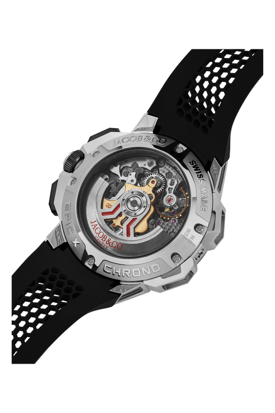 Silver and black chronograph watch with exposed mechanical movement visible through crystal case back and perforated rubber s