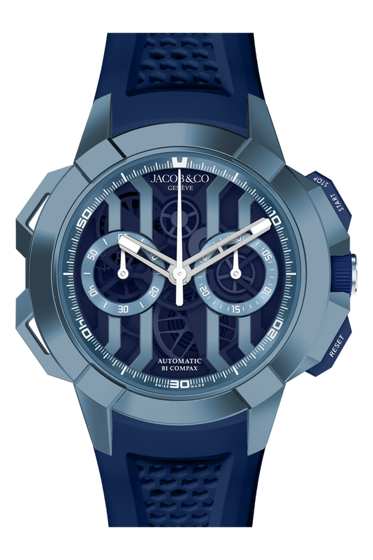 Jacob & Co Genève chronograph watch with blue and gray titanium case, dark blue dial, and navy rubber strap.