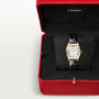 Cartier Tortue small model watch with two-tone case and black leather strap in red presentation box.