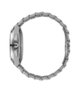 Silver stainless steel watch with linked bracelet, round case, and visible crown on the side profile view.