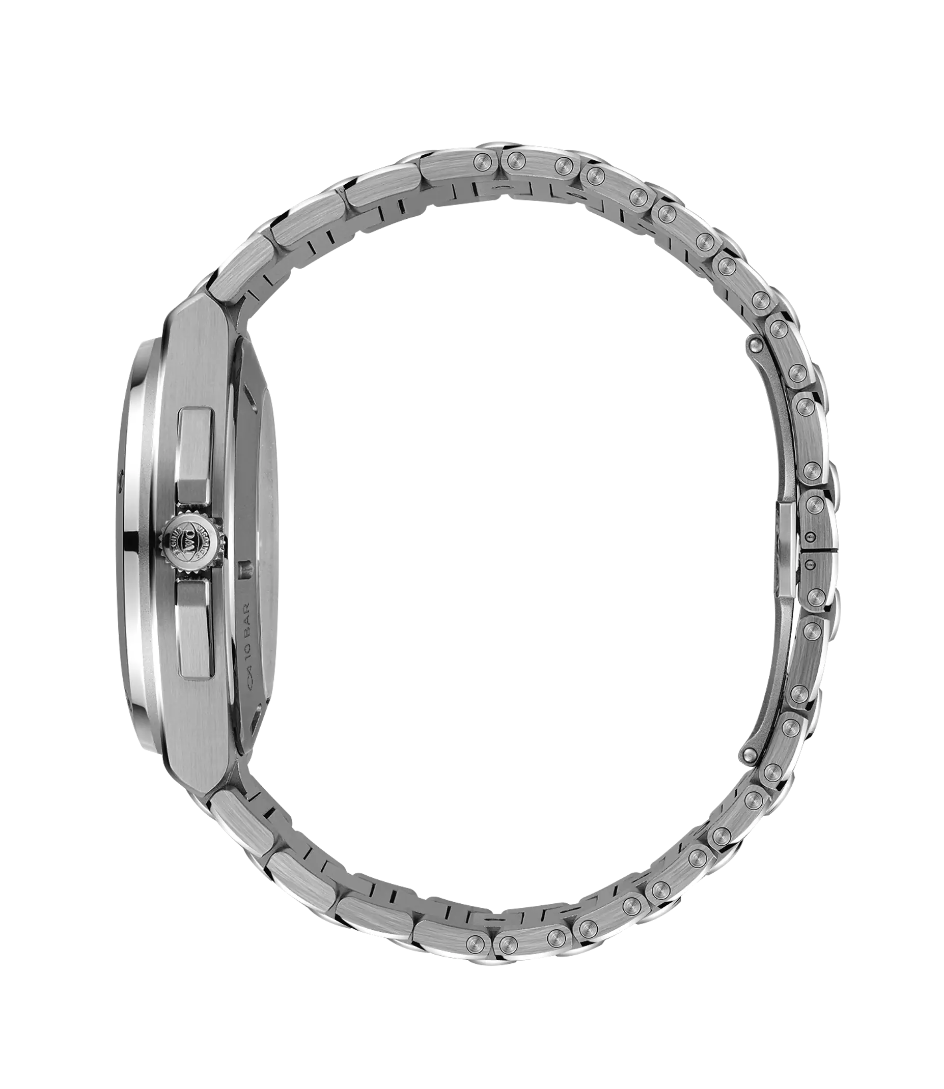 Silver stainless steel watch with linked bracelet, round case, and visible crown on the side profile view.