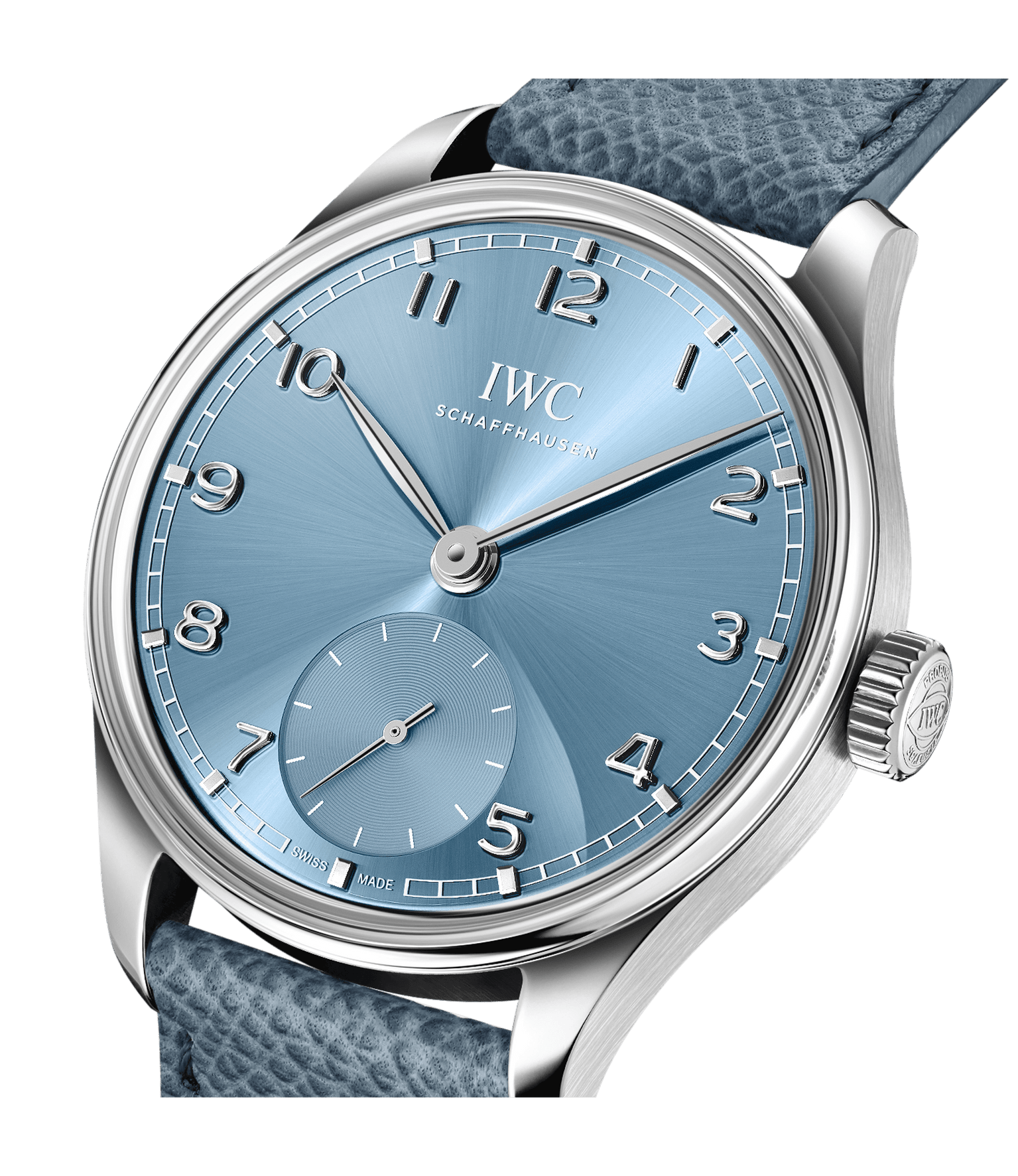 A close-up of the IWC Schaffhausen Portugieser Automatic 40 reveals its metallic blue dial, silver hands, Arabic numerals, a sub-dial at 6 o’clock, and a textured blue leather strap in polished stainless steel.