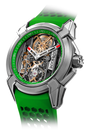 Titanium sports watch with green dial, visible skeleton movement, white hands with red accents, and green rubber strap.