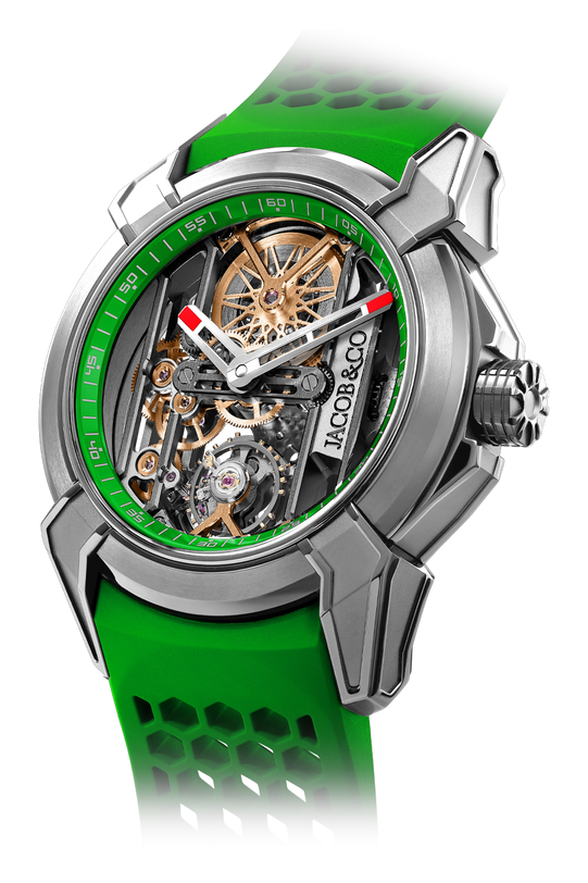 Titanium sports watch with green dial, visible skeleton movement, white hands with red accents, and green rubber strap.