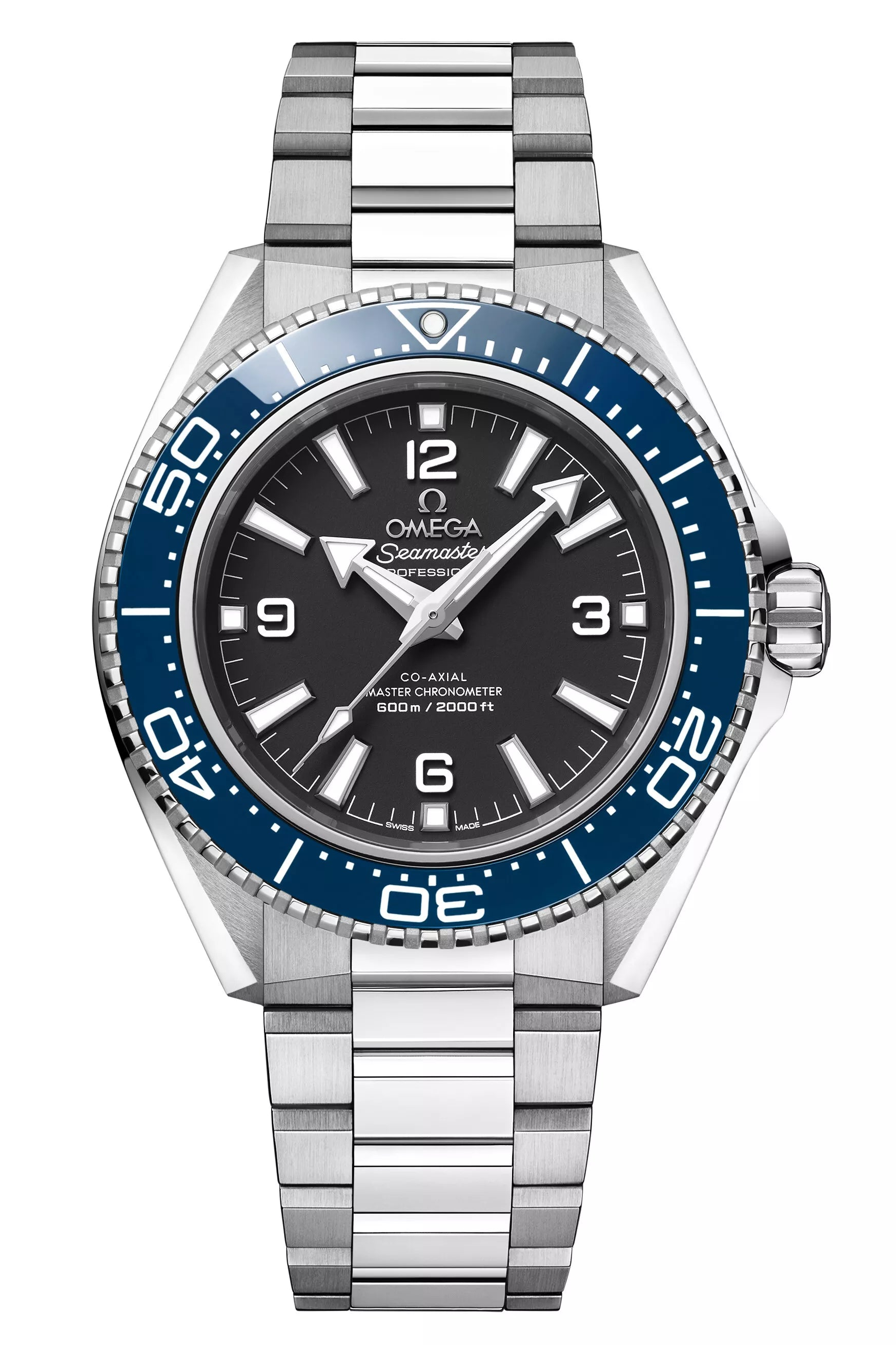 The OMEGA Seamaster Planet Ocean 600mm is a silver dive watch with a blue rotating bezel, black dial, white hour markers, stainless steel bracelet, 12/6/9 numerals, and “OMEGA Seamaster” branding on its face.