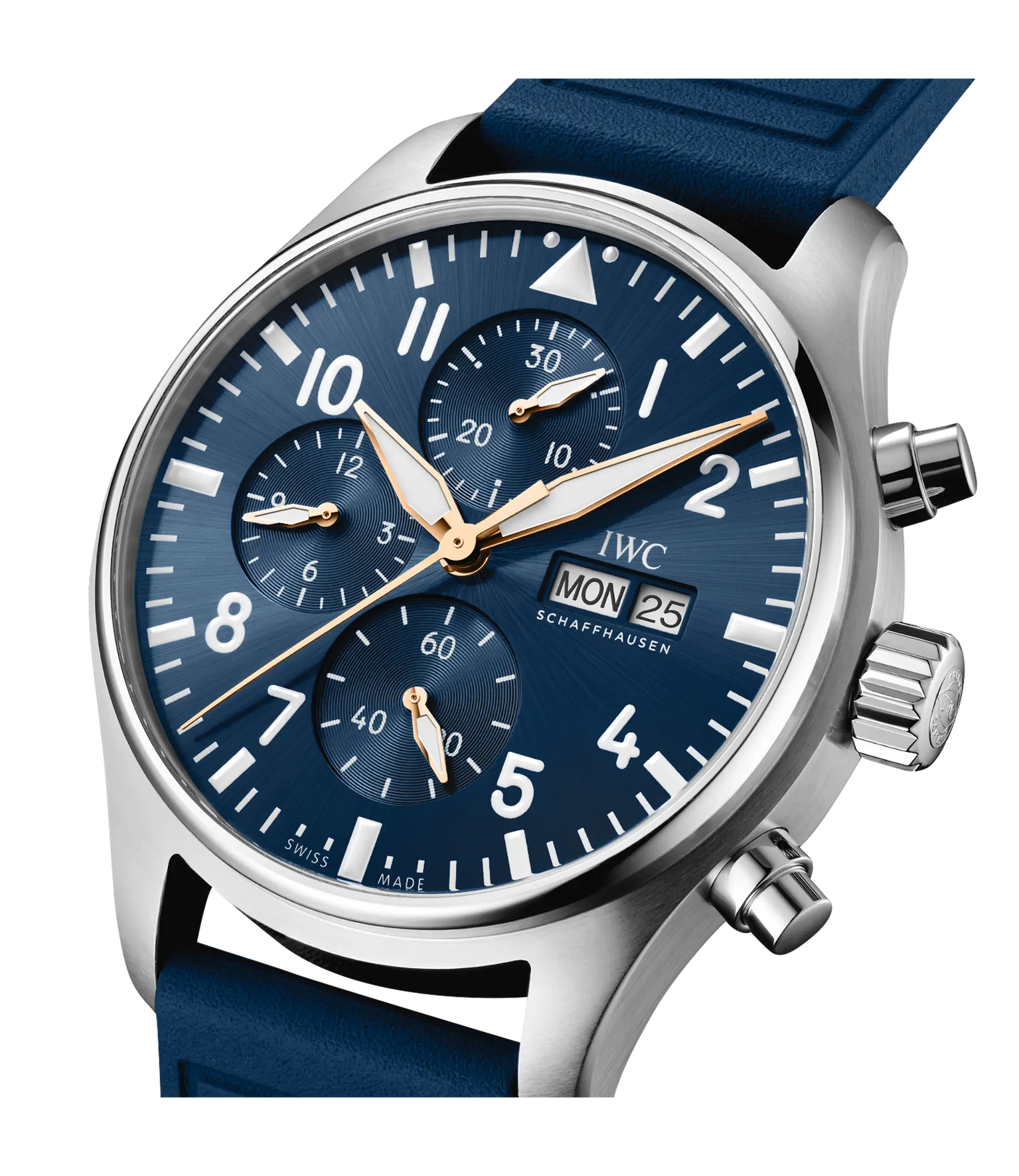 Silver chronograph watch with blue dial, three subdials, date window, white hour markers, and blue leather strap.
