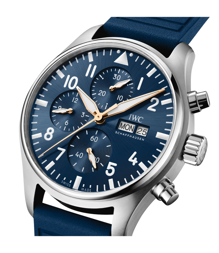 Silver chronograph watch with blue dial, three subdials, date window, white hour markers, and blue leather strap.