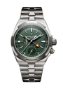 Stainless steel watch with green dial, dual time subdial, orange cardinal point indicator, and matching metal bracelet.