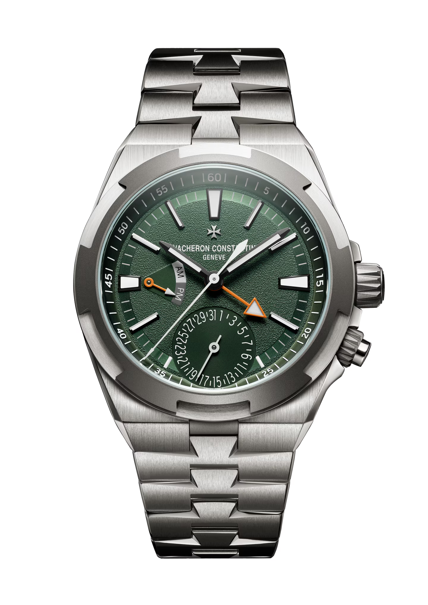 Stainless steel watch with green dial, dual time subdial, orange cardinal point indicator, and matching metal bracelet.